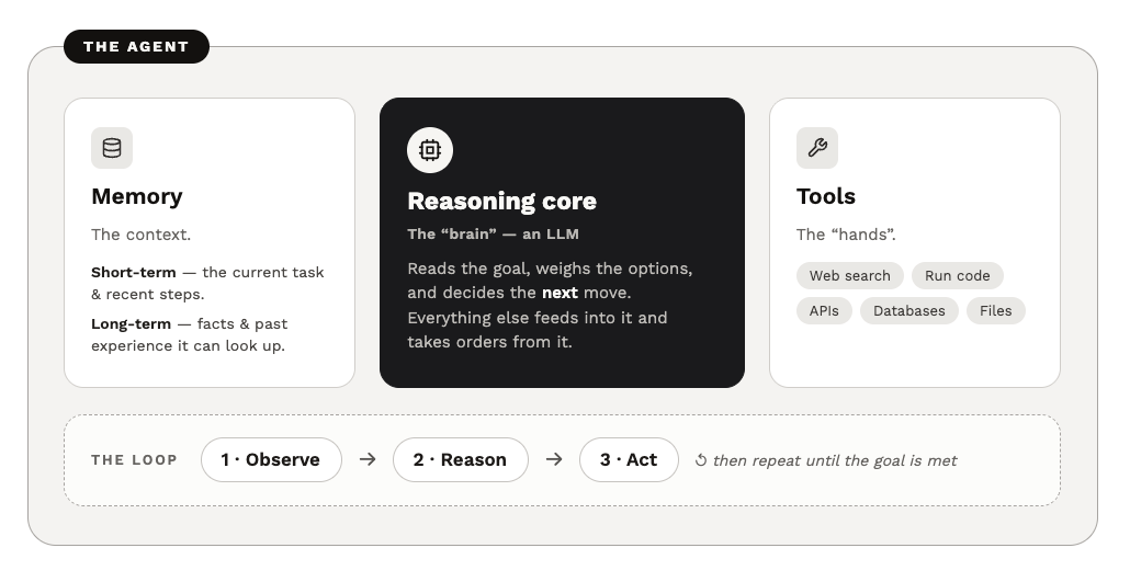 Agent architecture with memory, a reasoning core, tools, and an observe-reason-act loop